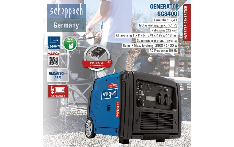Scheppach SG3400i + nuotolinis valdymas , Inverterinis generatorius 2,8 kW, el.starteris